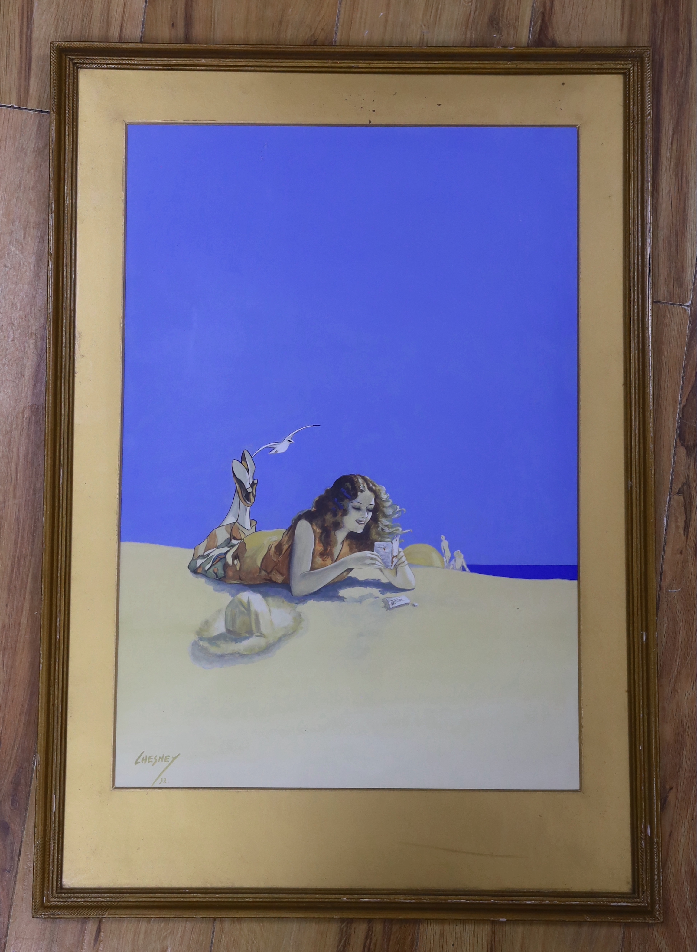Chesney, gouache on paper, young lady reading on a beach, signed and dated 1932, 53 x 36cm